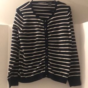 Liz Claiborne cardigan size L rhinestone flower buttons black white stri…